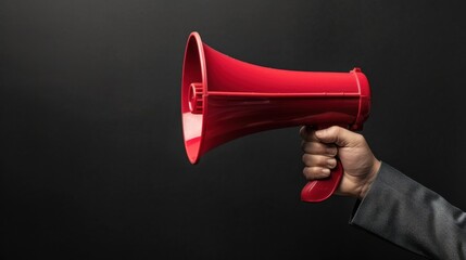 Businessman holding a red megaphone on a black background.