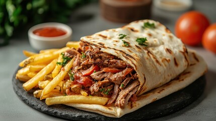 Flavorful Beef Burrito Wrap with Fries and Salsa on Slate Plate