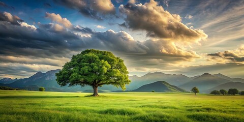 A serene landscape with a large tree in a grassy field, mountains, and clouds in the background