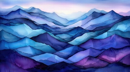A beautiful watercolor landscape featuring layered mountains in shades of blue and purple, evoking tranquility and harmony.