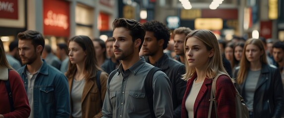 Obraz premium Lost in the Urban Flow: A sea of faces, each with their own story, navigate the bustling city center. 