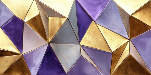 A stunning geometric pattern of purple and gold triangles, perfect for modern decor and artistic backgrounds.