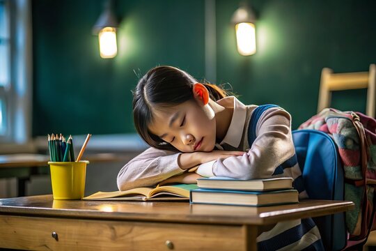 A young Asian student with a backpack and utensils rests her head on a desk, surrounded by textbooks