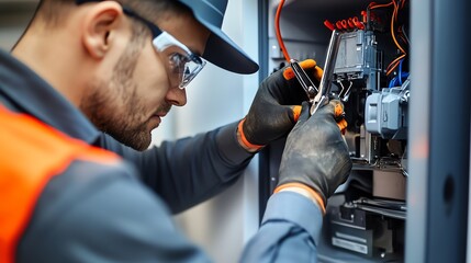 A man in a blue shirt and safety glasses works on an electrical panel.