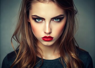 Fototapeta premium A young woman with a pouty expression, pursed lips, and raised eyebrows, posing for a camera with a
