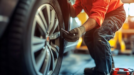 A mechanic working on a car tire.
