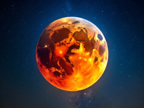 Bright orange full moon partially obscured by Earth's shadow during a rare lunar eclipse, set against a dark