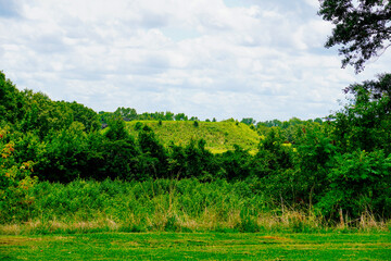 Macon, Georgia, USA- 07 20 2024: The landscape of Ocmulgee Mounds National Historical Park