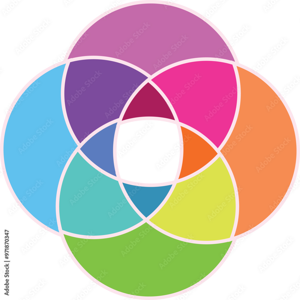 Poster abstract design of colorful interlocking circles creating a central space, symbolizing unity, divers