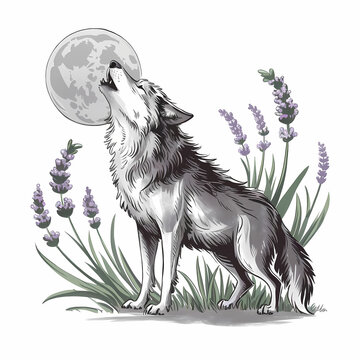 recommend clip art: A wolf howling at the moon with lavender flowers around it, Charcoal illustration