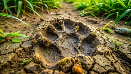 Close-up of a fresh goat hoof print in damp soil, showcasing intricate ridges and creases, with blurred greenery