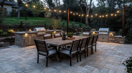 Modern Outdoor Dining Area with Stone Patio  Grill  and String Lights