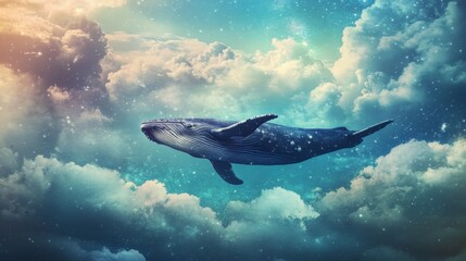 Fototapeta premium A graceful whale floating through the sky, with twinkling stars and wispy clouds beneath it, evoking a sense of wonder and serenity