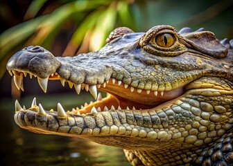 Fototapeta premium Close-up portrait of a saltwater crocodile's scaly textured skin and powerful jaws, showcasing its ancient, prehistoric