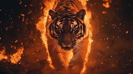 A fierce tiger with stripes glowing like molten lava emerges from a sea of flames, radiating power and intensity © AvectStock