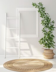 Minimalist interior design with a round jute rug, a white ladder, a plant in a woven basket, and a blank frame.