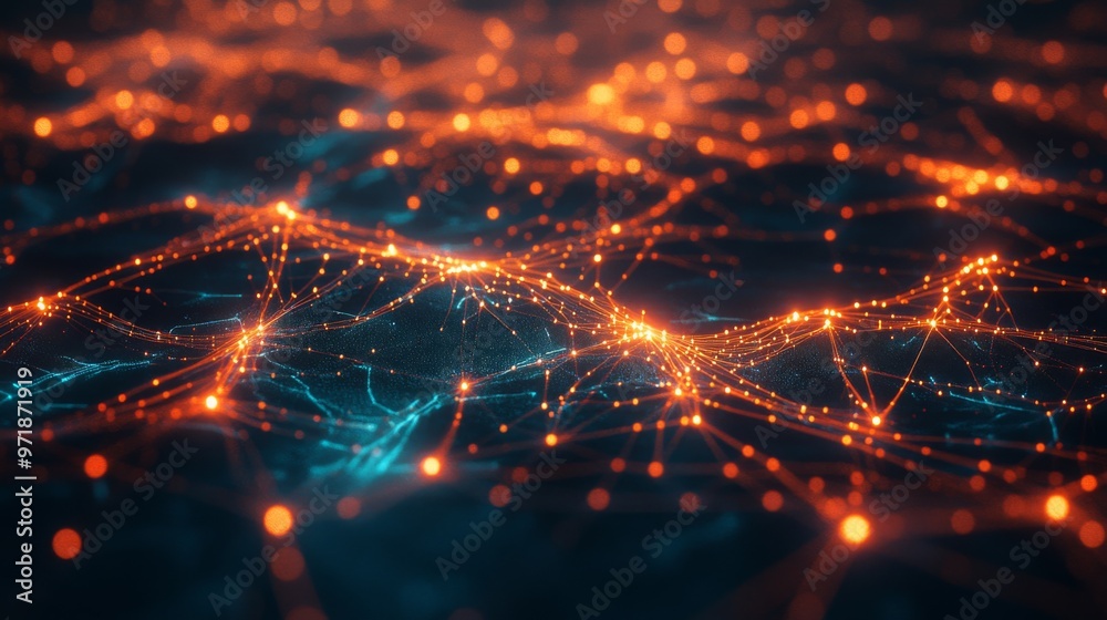 Aufkleber vibrant digital illustration of a network with interconnected nodes and colorful light emissions aga