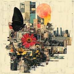 Abstract Collage Art with Butterfly  Flowers  Cityscape and Sun