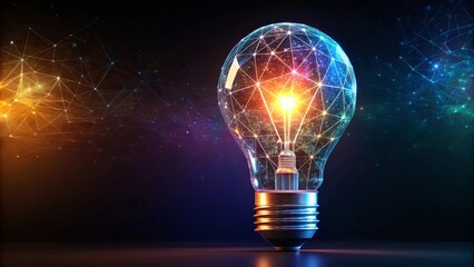 Low polygonal light bulb with holographic glow on dark background