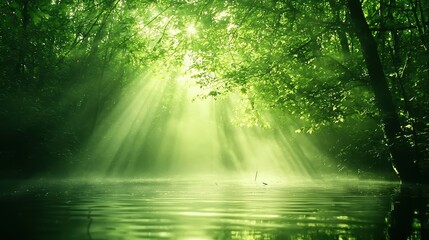 Obraz premium Sunlight Through Forest Canopy Reflecting on Tranquil Water