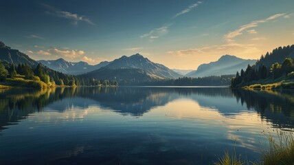 realistic landscape illustration of a lake, mountains, and a beautiful sky