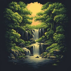 Naklejka premium Tranquil Waterfall in Lush Forest with Sunset Glow