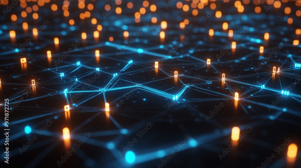 Leinwandbilder a dynamic digital illustration of a network featuring bright, interconnected nodes with colorful lig