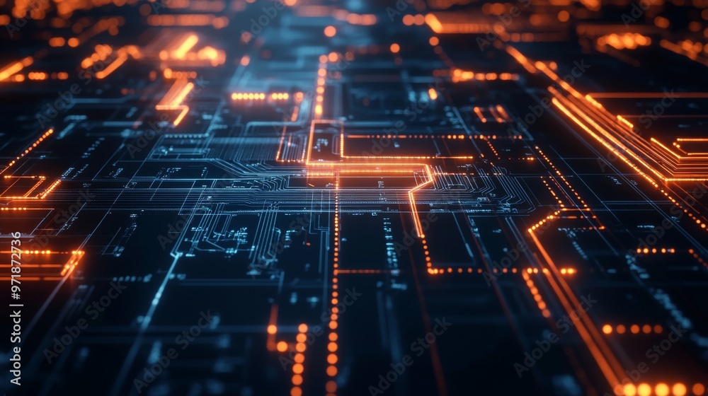 Fototapete a vibrant digital visualization of a high-tech circuit board illuminated with blue and orange glowin