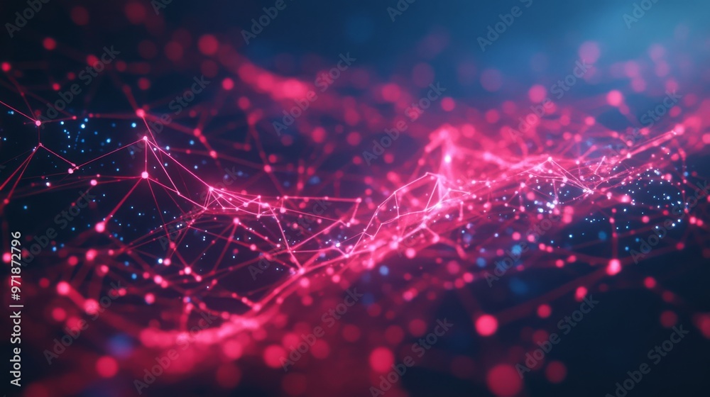 Leinwandbilder A colorful network of nodes with interconnected links glowing with vibrant light, contrasted against a deep background.