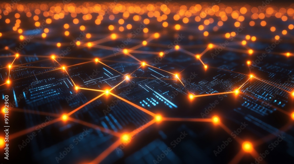 Fototapete a colorful web of interconnected nodes emitting light in an artistic digital design on a dark canvas