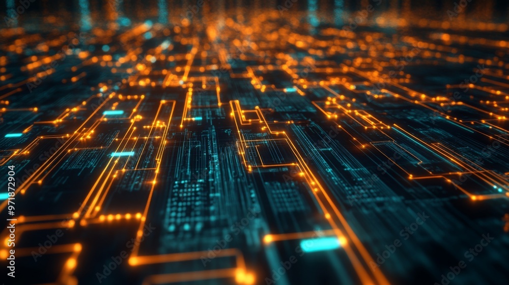 Fototapete a bright digital representation of a futuristic circuit board with glowing blue and orange lines and