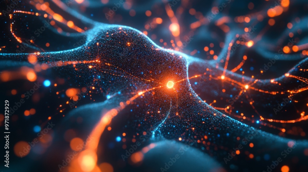 Aufkleber a stunning background of vibrant digital waves is illuminated by red and blue light particles.