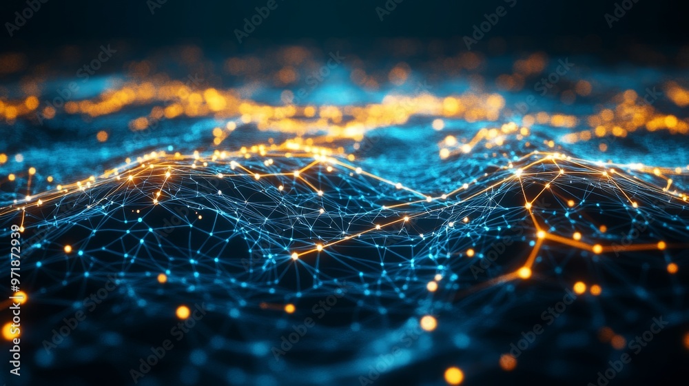 Fototapete an artistic depiction of a network with nodes that glow in vibrant colors background.