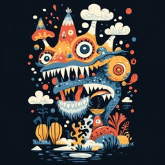 Colorful Abstract Monster with Big Teeth and Eyes