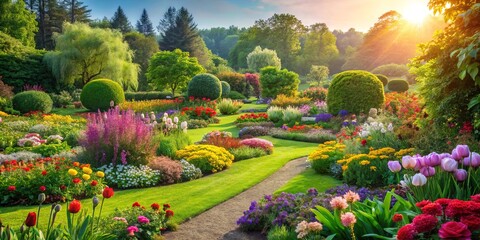 Fototapeta premium Beautiful garden with flowers as a background for a brochure or landing page template