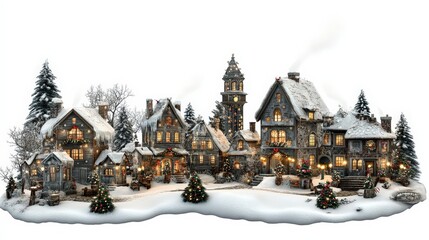 Charming Christmas Village Scene with Lights and Decorations on White Background