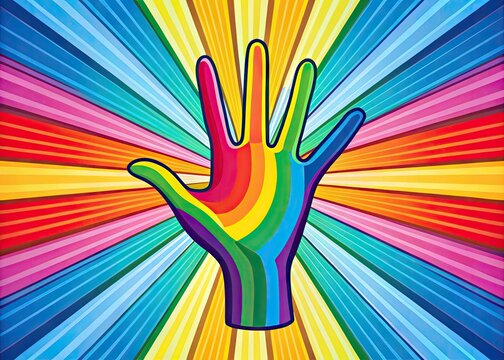 Colorful illustration of a cheerful, outstretched hand waving in greeting, isolated on a white background with bold lines and vibrant hues.