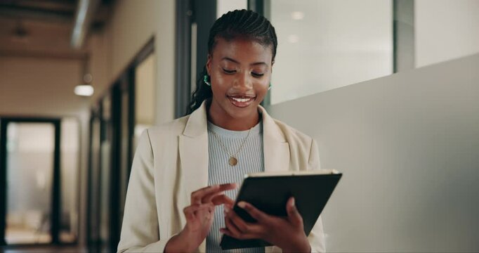 Business, black woman and scroll on tablet in office with checking schedule, review proposal and reading report. Professional, happy employee and digital tech at workplace for online project research