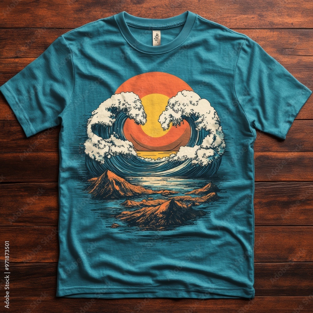 Wall mural ocean wave sunset graphic tee shirt design mockup