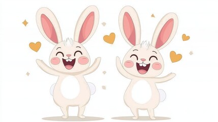 Fototapeta premium Cute Cartoon Rabbits Holding Hearts Illustration