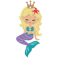 Cute sitting mermaid sea princess vector cartoon illustration