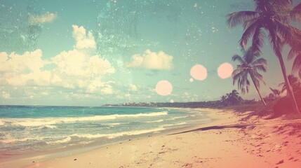 Retro-style sandy ocean beach with palm trees and a distressed film flare effect