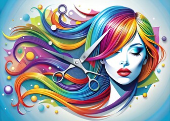 Colorful stylized illustration of scissors cutting hair, surrounded by falling strands, with abstract shapes and bold lines, perfect for beauty or fashion designs.