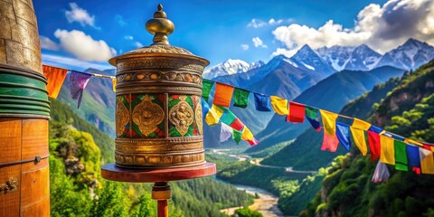Naklejka premium Colorful Tibetan Buddhist prayer wheel spinning with intricately carved wooden handle, surrounded by vibrant Tibetan flags and serene Himalayan mountains, exuding peace and spirituality.