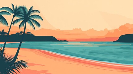 Tropical Sunset Over a Beach with Palm Trees