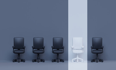 White chair stands out from the crowd. Business concept. Job recruitment. Company management structure concept. 3D rendering