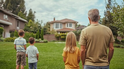 Obraz premium Family Looking at New Home Backyard Dream House Real Estate