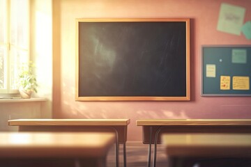 Fototapeta premium Blur background of interior design of empty classroom with blackboard. Empty classroom with desk, chair and blackboard at school. No people. Cartoon style. Education concept. Back to school. Spate, ai