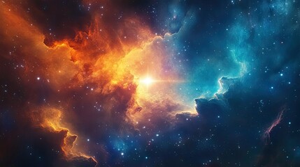 A breathtaking image of a colorful nebula with swirling blue and orange gases, illuminated by distant stars in the vastness of space.