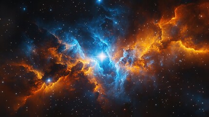 Naklejka premium A breathtaking image of a colorful nebula with swirling blue and orange gases, illuminated by distant stars in the vastness of space.